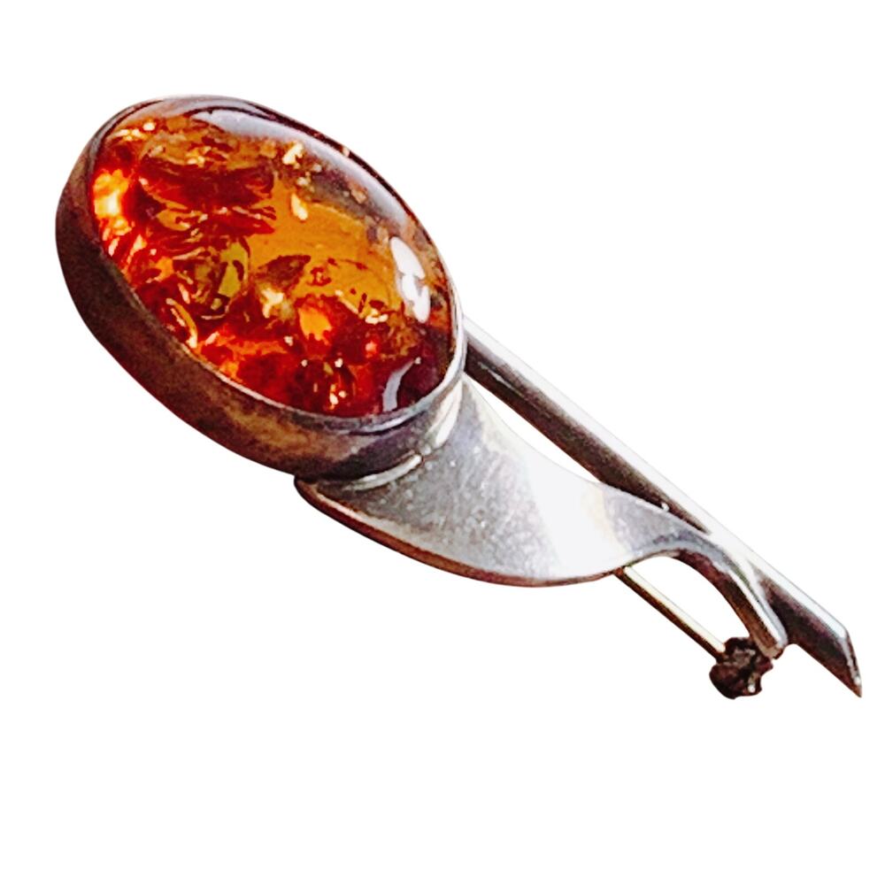 Genuine Baltic Amber Sterling Silver Mid Century Modernist Brooch Scandinavian?